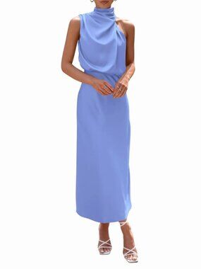 PrettyGarden Light Blue Satin Halter Midi Dress XXL